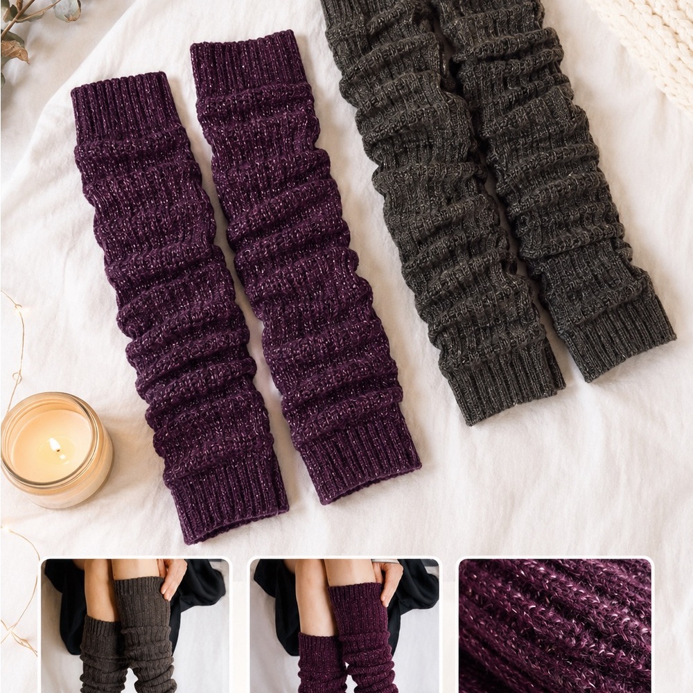 Knit Slouchy Leg Warmers Pair - Plum and Charcoal
